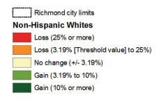 Map 10 showcases Richmond neighborhood conditions based on change in white population 