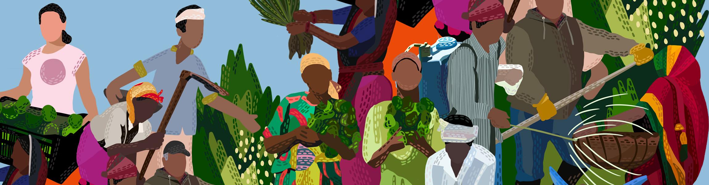 Illustration depicting various agricultural laborers