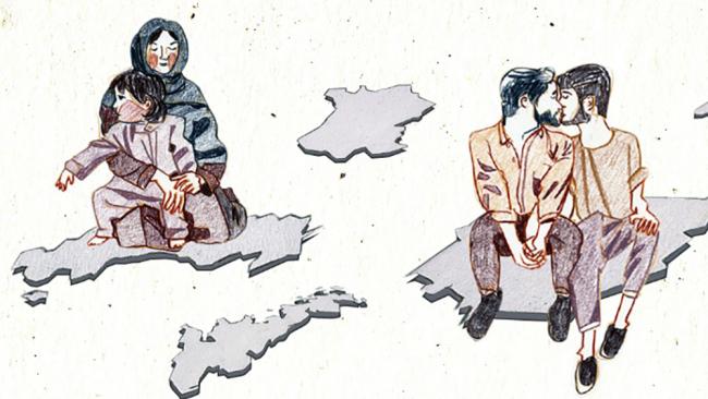 Illustration of two pairs of people on small landmasses or clouds; one is of a parent sitting with a child on their knee, and another is of a gay couple embracing each other, holding hands and kissing.