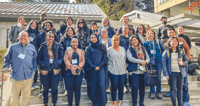 The Safety Through Connection Learning Community gathered outside of the Native American Forum at Cal Poly Humboldt in the unceded ancestral territory and current homeland of the Wiyot Tribe, also known as Arcata, California. Photo by Marlene' Dusek.